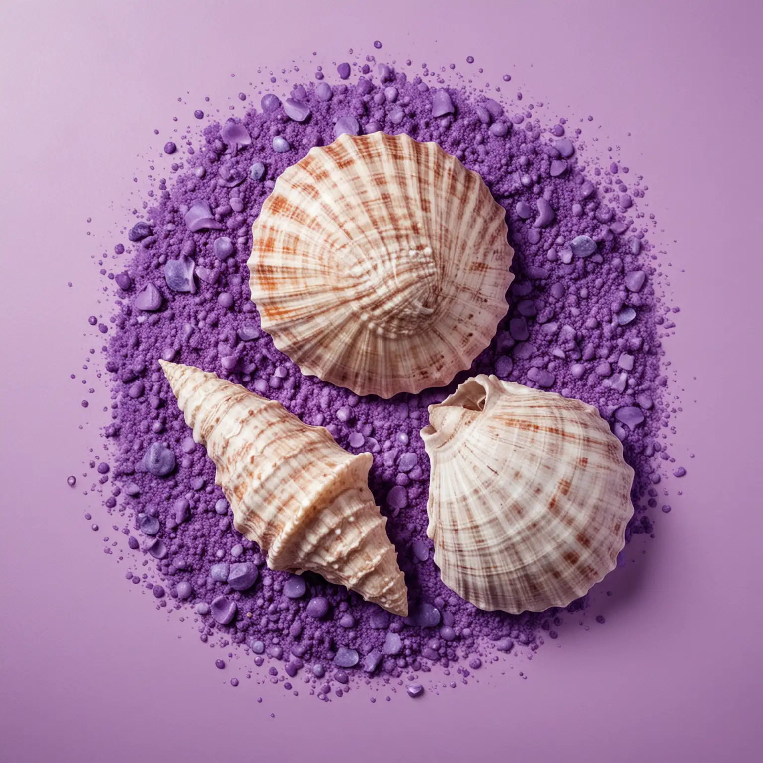 Two sea shells lying on a scattering of purple pigment. top view on a white background