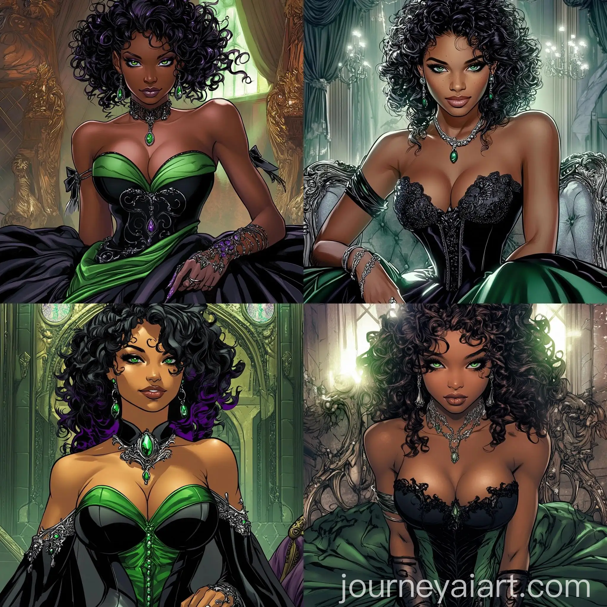 Comic-Style-Biracial-Woman-in-Black-and-Green-Ball-Gown-Dress