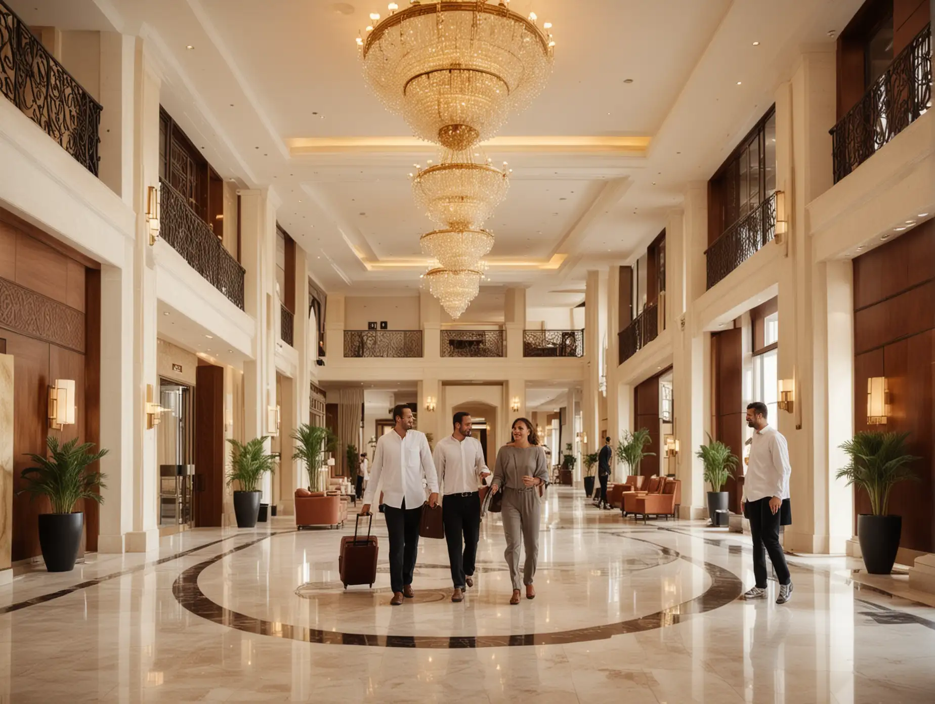 Happy-Group-Checking-into-Luxury-Hotel-in-UAE-Bright-Lobby