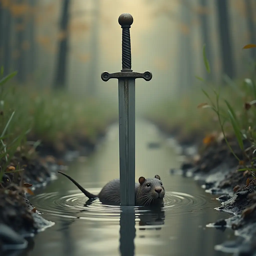 A sword stuck in the ground. A water rat is floating near it.