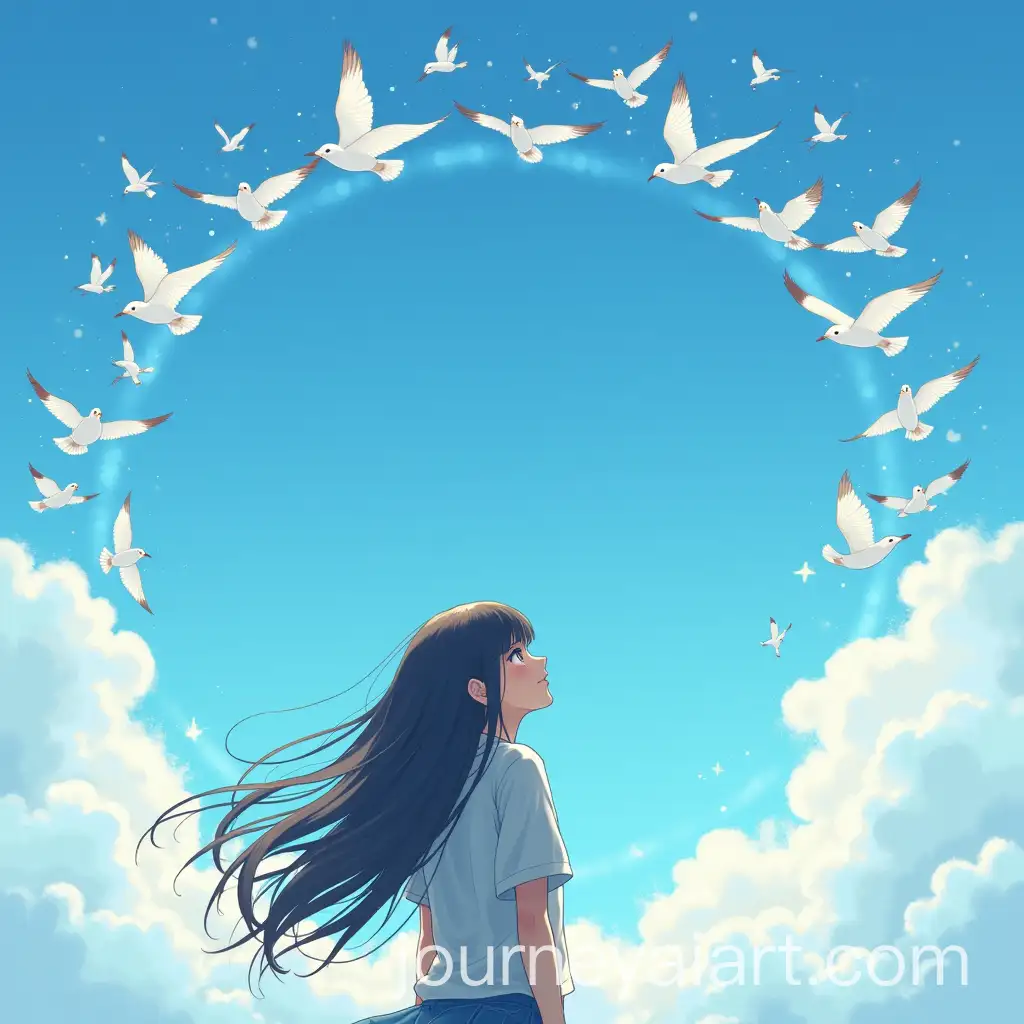 Woman-Gazing-at-the-Sky-with-Birds-Flying-in-a-Circle-in-Anime-Style