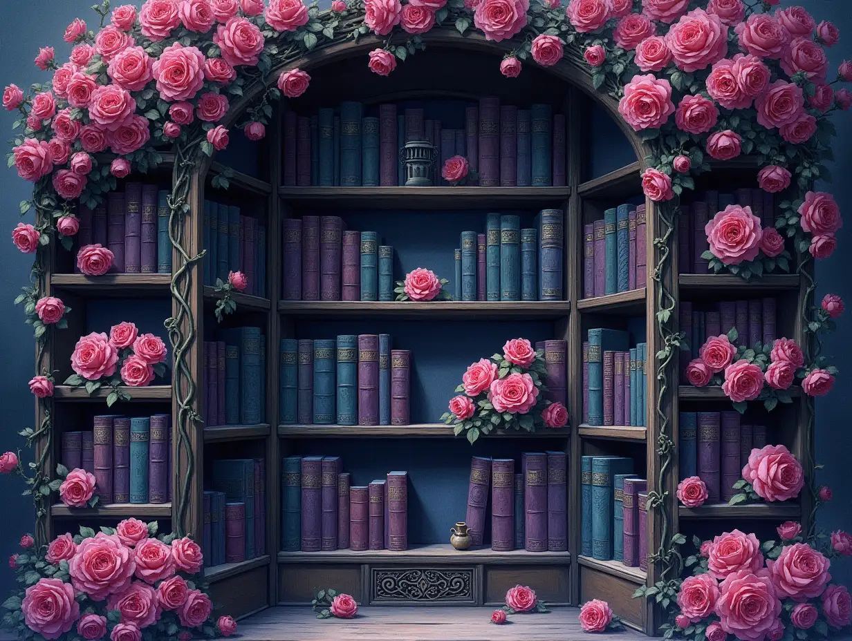 A dark, moody, and ornate wooden bookcase filled with antique books bound in deep purple, indigo, and teal, their spines intricately decorated with gold accents. The multi-tiered shelves overflow with lush pink and magenta roses, intertwining with the wooden structure in an overgrown, enchanted aesthetic. The bookcase features dark wooden frames adorned with vine-like carvings and climbing plants wrapping around its arched top and sides. Small decorative vases, also filled with matching roses, sit among the books. Dim, atmospheric lighting casts a dramatic glow, enhancing the rich purples and deep blues. The scene evokes a mystical, fantasy library alcove, blending impressionism with hyperrealism in the detailed textures of the books, wood, and flowers. Watercolor painting