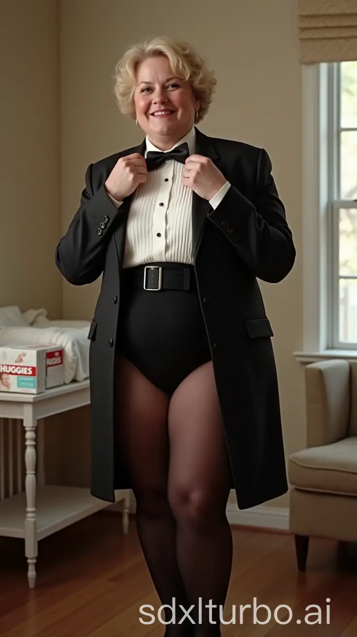 MiddleAged-Woman-in-Formal-Orchestra-Tuxedo-in-Nursery-with-Diapers