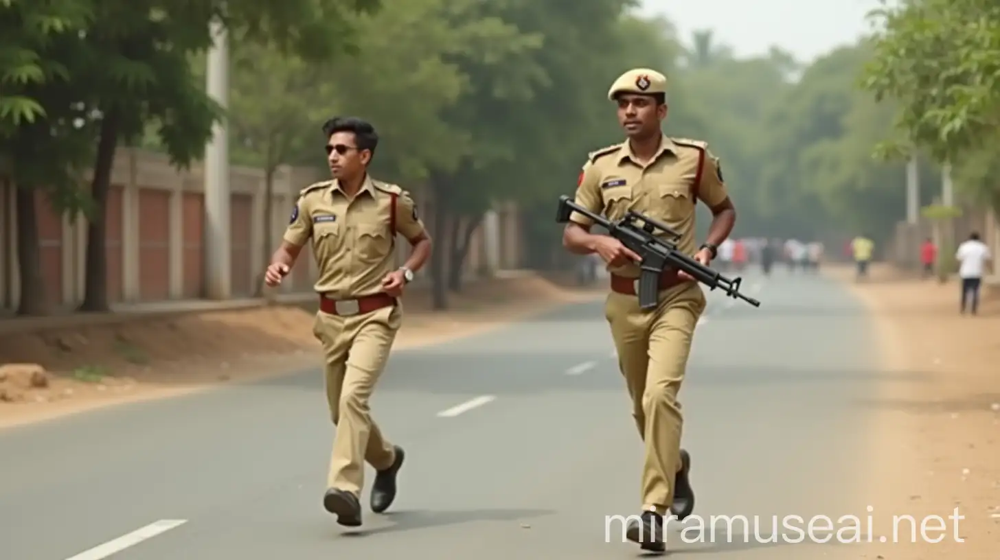 Young Indian Policeman in Khaki Uniform Pursuing Suspect on City Road