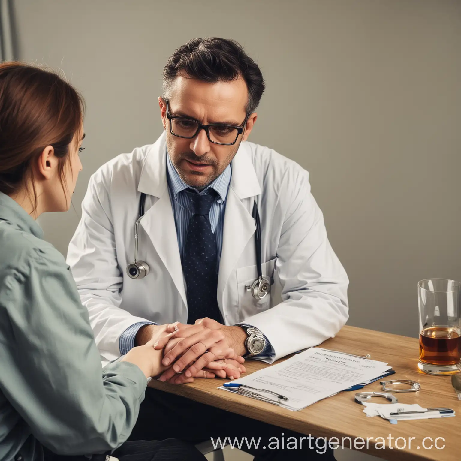 A doctor with a patient in a clinic helping to overcome alcohol addiction