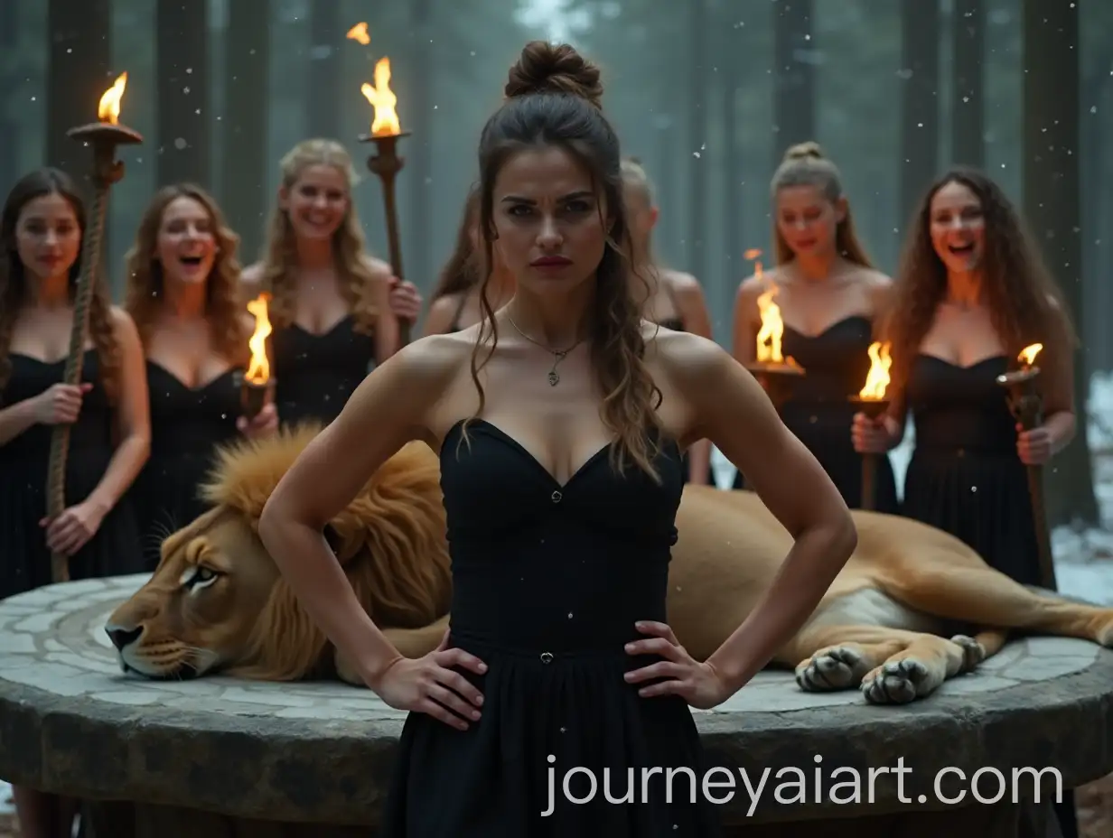 Angry-Woman-Confronting-Lion-on-Stone-Table-Amidst-Laughing-Women-and-Moonlit-Woodland