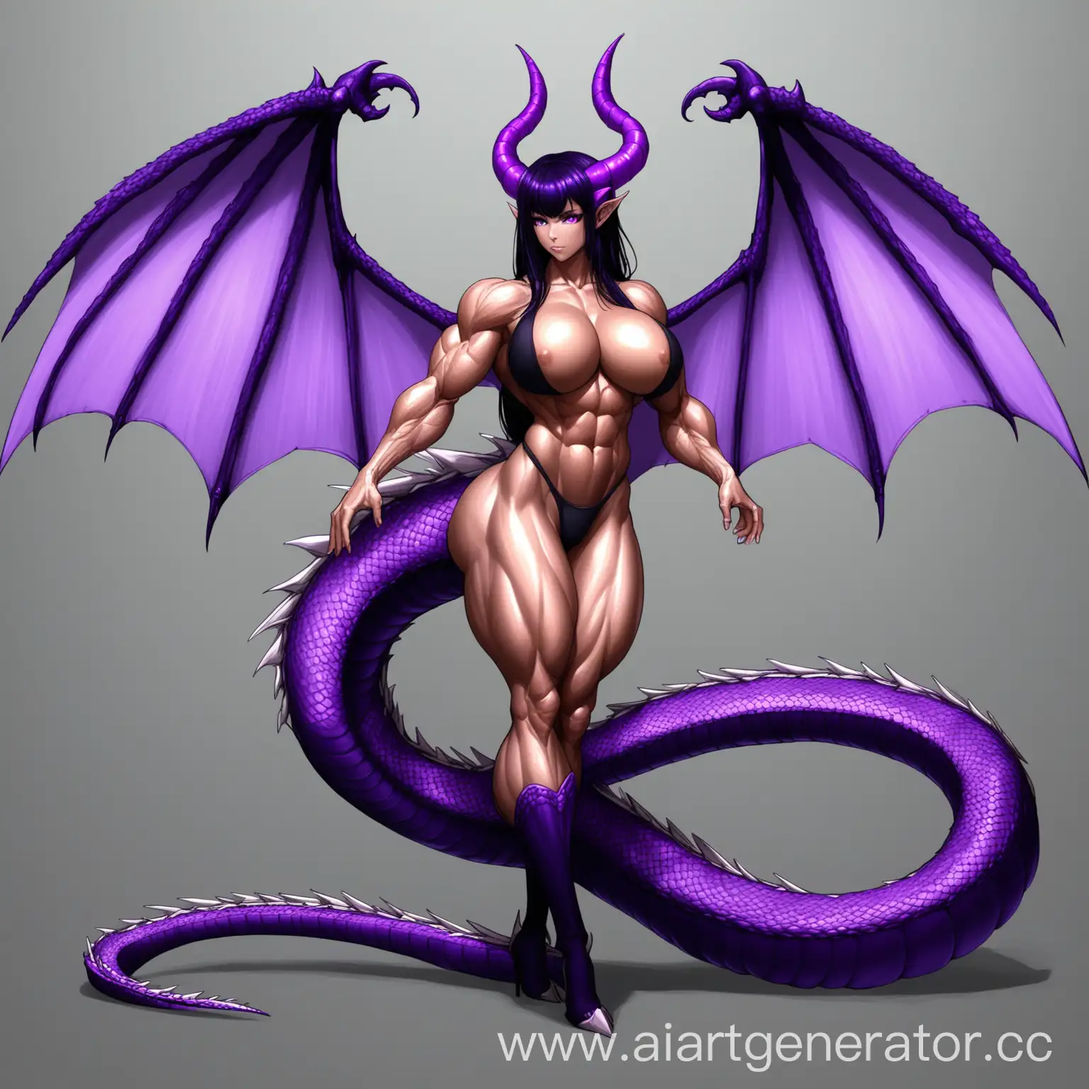 tall girl with muscle body, purple horns, long black-purple hair, purple eye, big boobs, big ass, dragon wings, long dragon tail