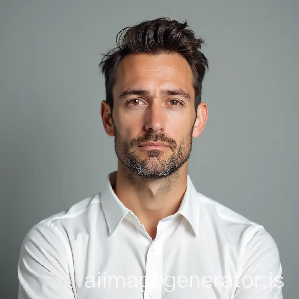 Middleaged-Man-Posing-for-Passport-Photo-in-White-Shirt-with-Serious-Expression