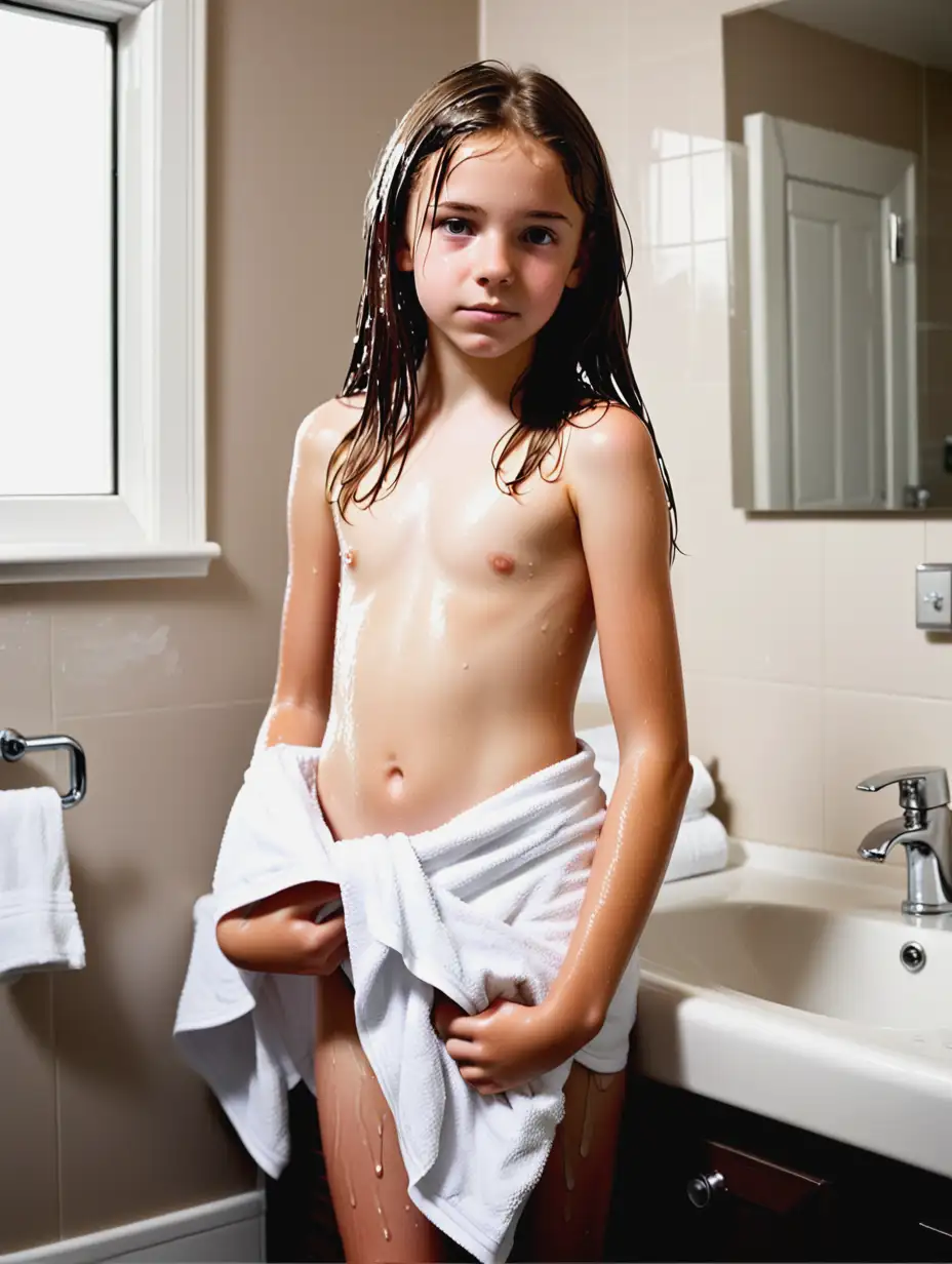 fourteen year old brown haired girl white towel around her waist wet shiny skin standing by bathroom sink