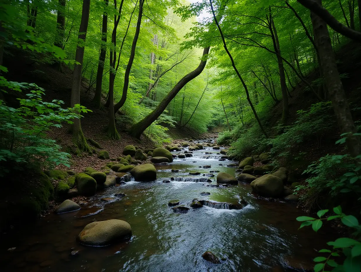 a small stream flowing through the forest