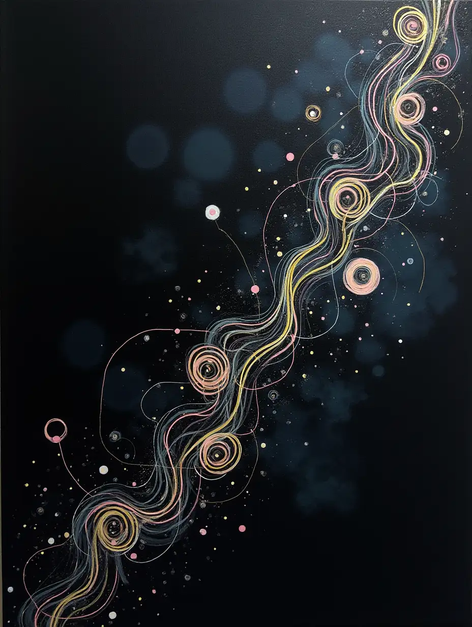 eate an abstract painting with a smoky, textured black background of bold brushstrokes, highlighted by continuous line art of abstract spirals and loops in pastel yellow, pale blue, and blush pink. The line art should flow organically, creating the impression of a surreal, alien energy field.