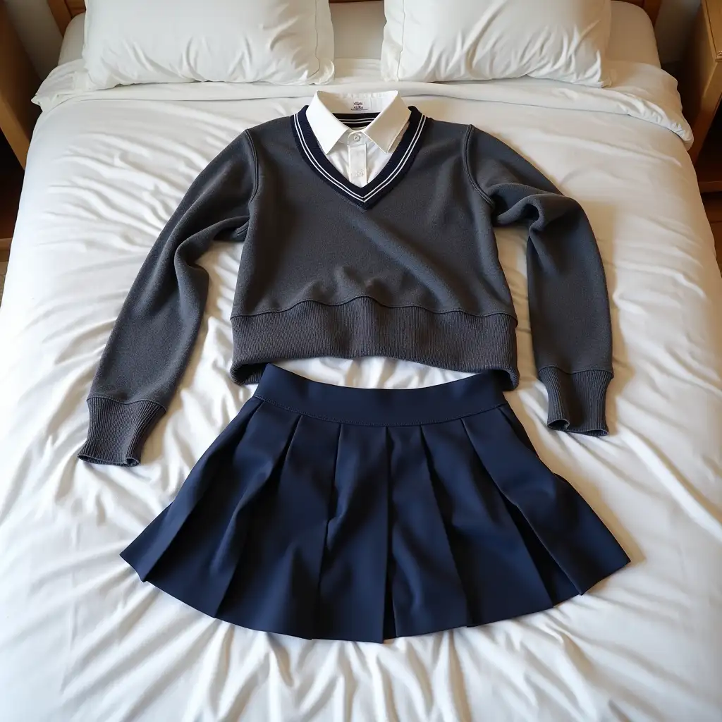 Messy-Pile-of-School-Skirt-and-Jumper-on-White-Bed