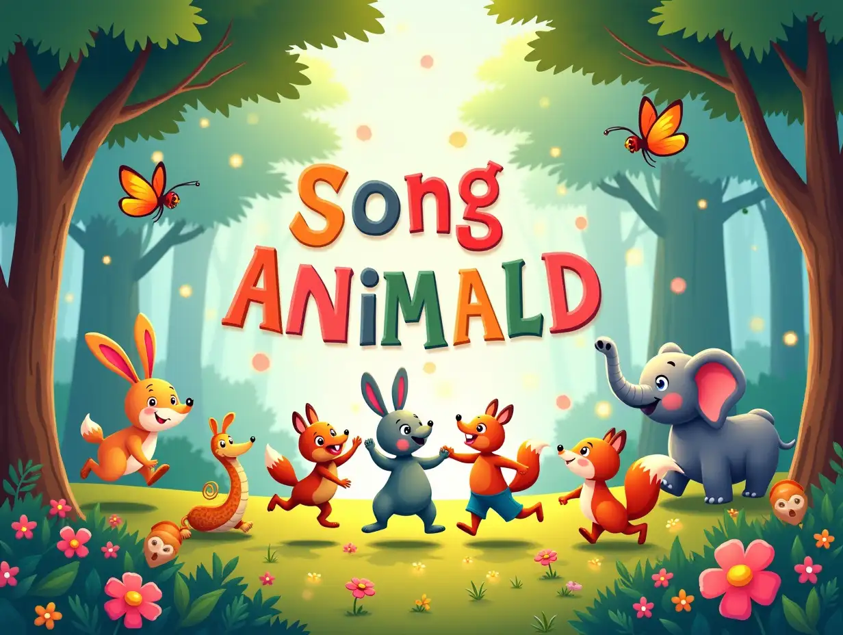 A colourful and joyful illustration of an enchanted forest, full of happy animals that dance and play together. A rabbit hops happily with moving ears, a snake slithers softly among the grass, an elephant trumpets with joy, and a fox runs fast among the trees. A butterfly flutters among the flowers, while a ladybug sings above a leaf. A squirrel jumps from branch to branch with an acorn between its paws. The atmosphere is festive, with soft lights that resemble a magical afternoon in the forest. The song title is centered in a playful and lively font, with bright colors that stand out on the cheerful background.