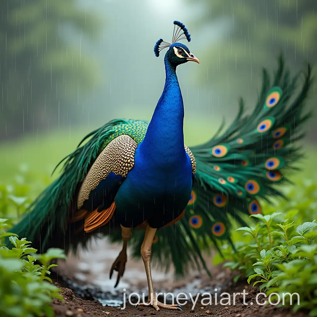 Vibrant-Indian-Peacock-Dancing-in-a-Lush-Green-Rainy-Landscape