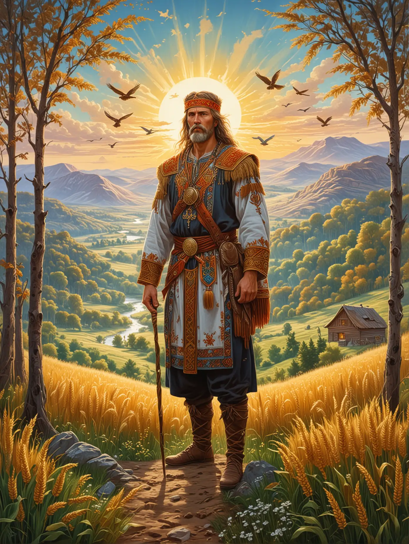 An image in the Slavic art style, representing the Tarot card 'Yav’' (the world where we live). The card depicts a vibrant, living world, full of natural beauty and harmony. In the center, a Slavic warrior or wise elder stands strong, symbolizing the connection between humans and the earth. The landscape around him is lush and fertile, featuring rolling hills, dense forests, flowing rivers, and fields of golden wheat. Above, the sky is bright and clear, with the sun shining warmly, and birds soaring freely. Traditional Slavic patterns and symbols are intricately woven into the scenery, emphasizing the deep connection between people, nature, and the divine. The card radiates a sense of life, balance, and the everyday reality of the world we inhabit