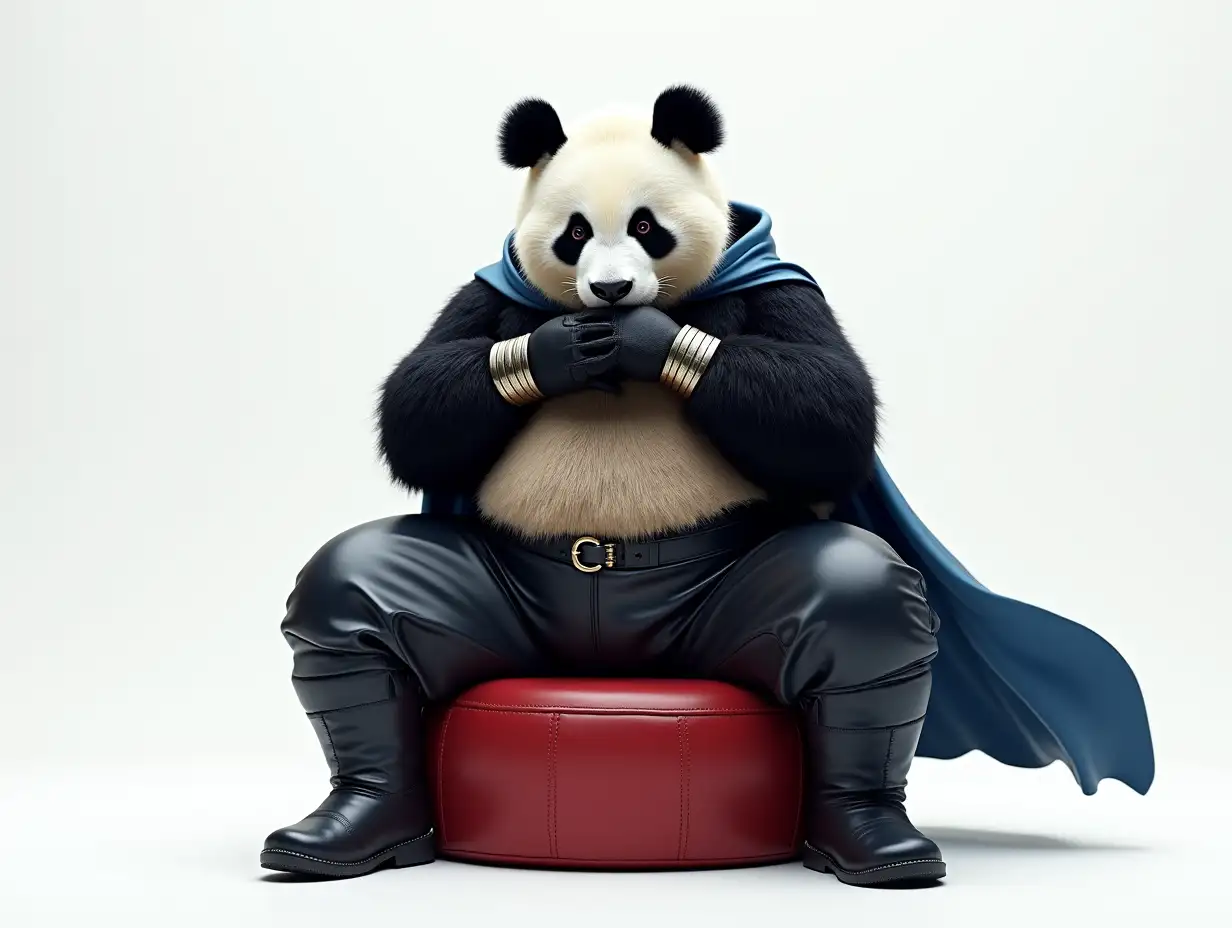 Fat-Panda-Warrior-in-Sleek-Leather-Outfit-with-Flowing-Blue-Cape-on-Red-Leather-Stool