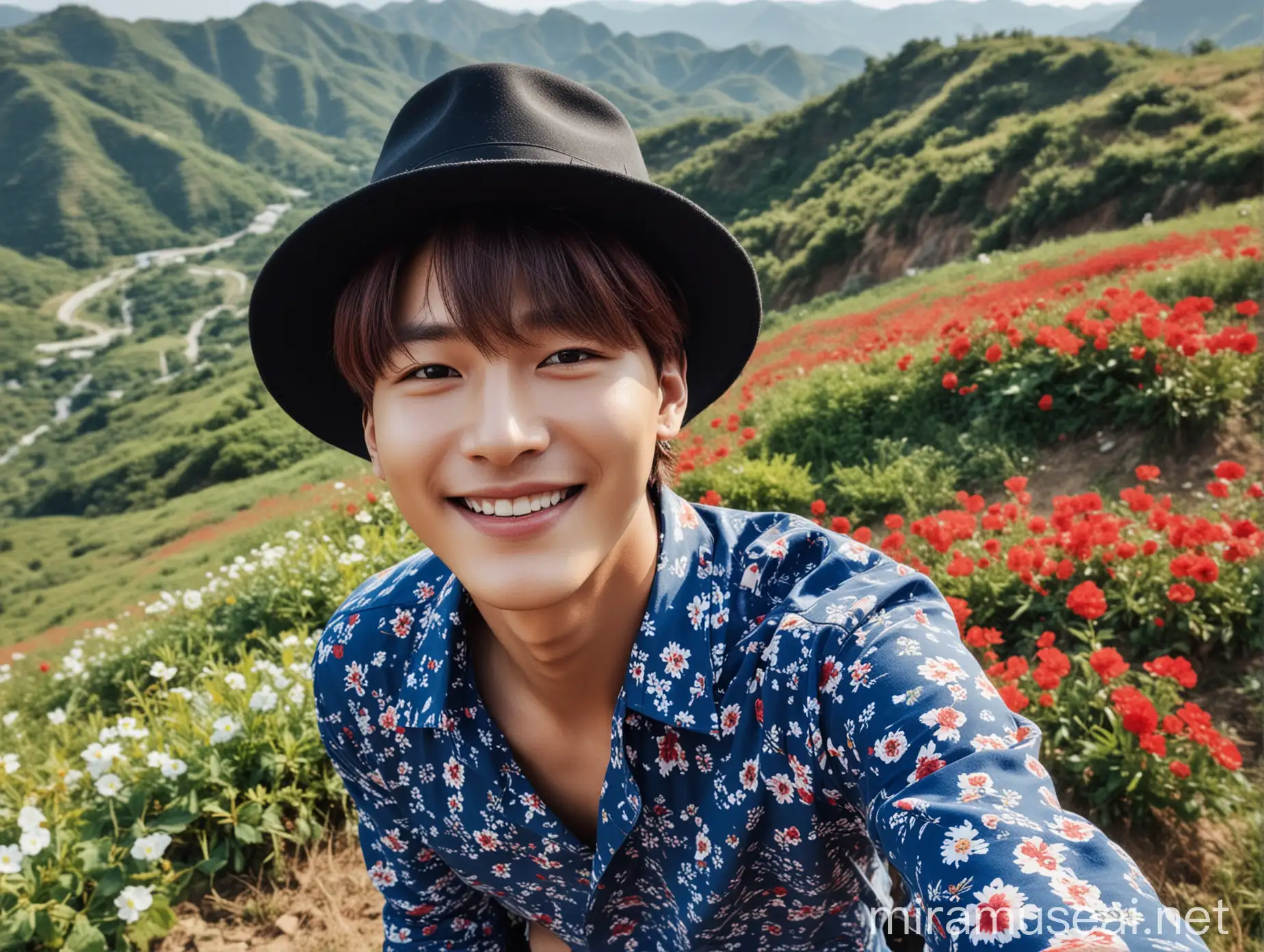 Jongkook BTS Smiling Selfie on Flowery Hill
