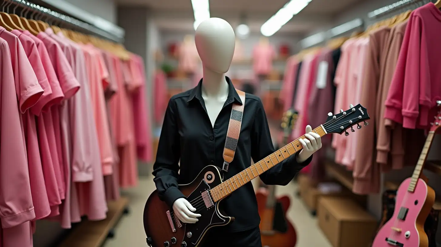 Fashion Store Display with Pink Clothing and Guitar Mannequin