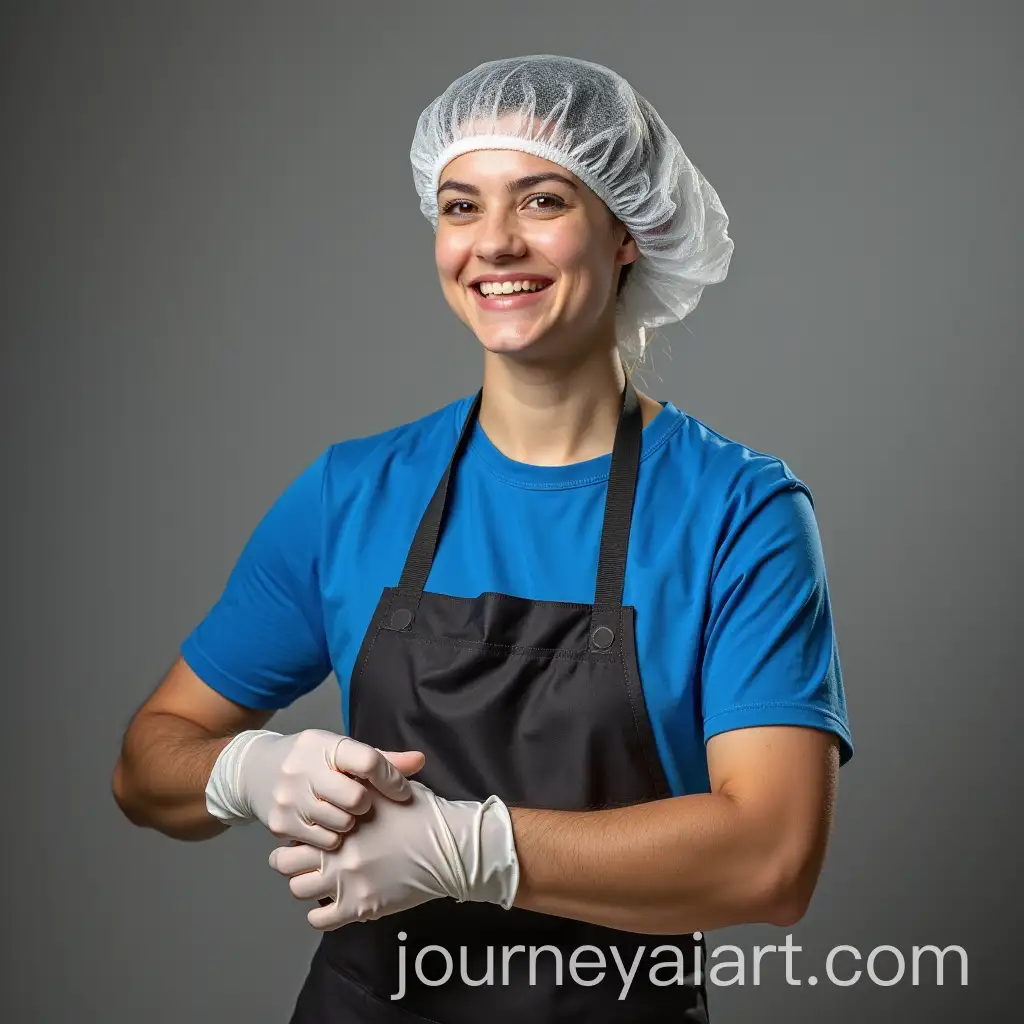 Cook-Wearing-ApronAI-Image-Prompt-Expansion-Hair-Net-Gloves-and-Blue-TShirt-in-Kitchen
