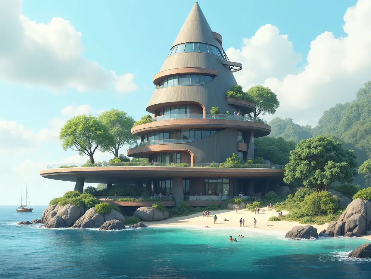 Create a high-resolution, realistic panorama image of a futuristic terrace building with window pyramid house with bridge, a yacht and a small boat beach with people, many plants and grey and brown facades with sea with waves, large trees, black clouds