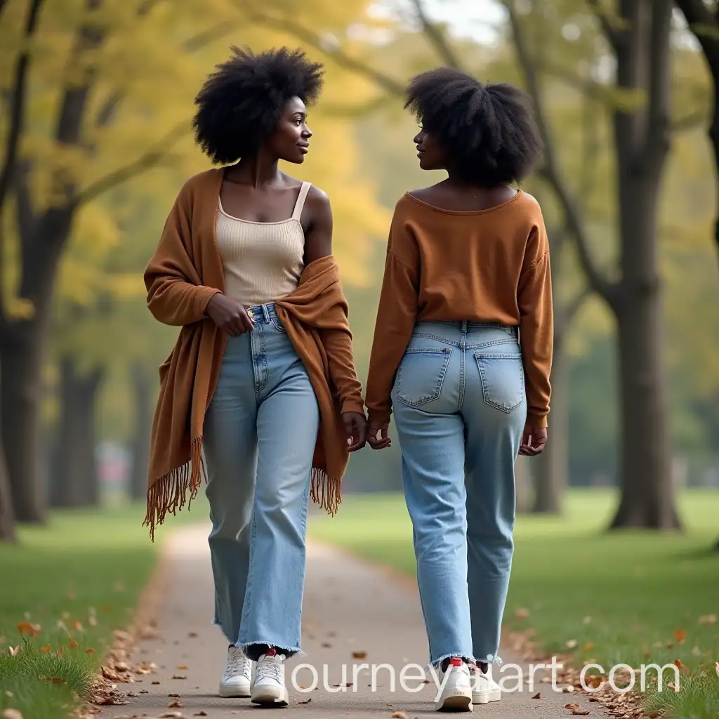 Fashionable-Black-Woman-with-Afro-Walking-in-Park-with-East-Asian-Boyfriend