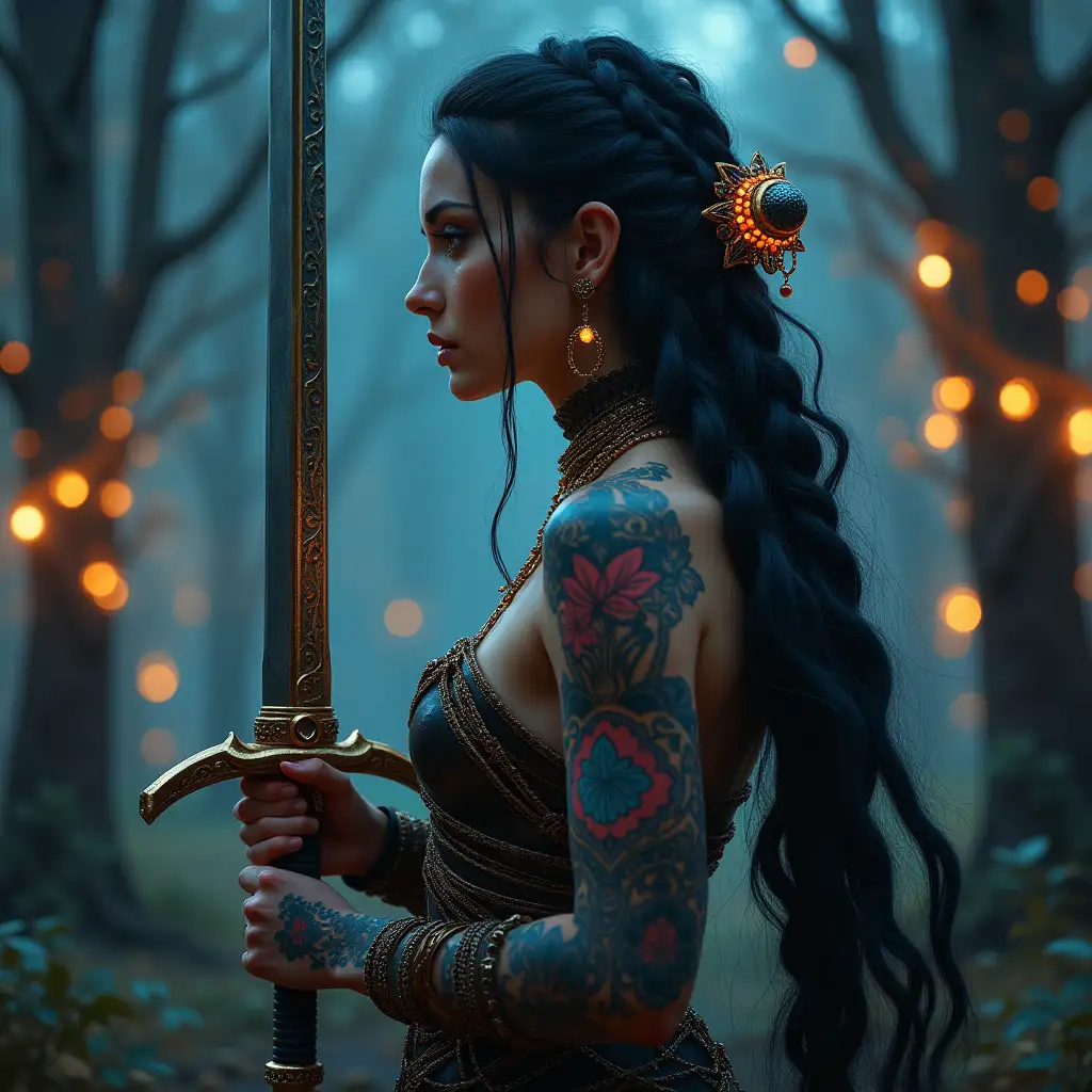 user_prompt: Hyperrealistic of a beautiful viking with tattoo, futuristic long black braided hair holding a sword in her hand trees  that have intricately detailed, colorful and futuristic jewelry. Night lights background  full body