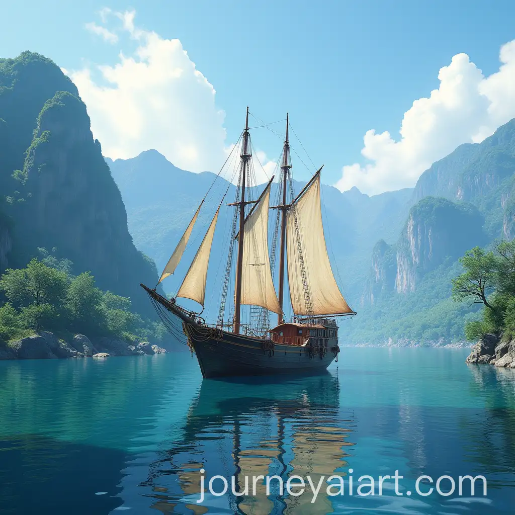 Scenic-Ship-Sailing-Near-Majestic-Mountain-Landscape