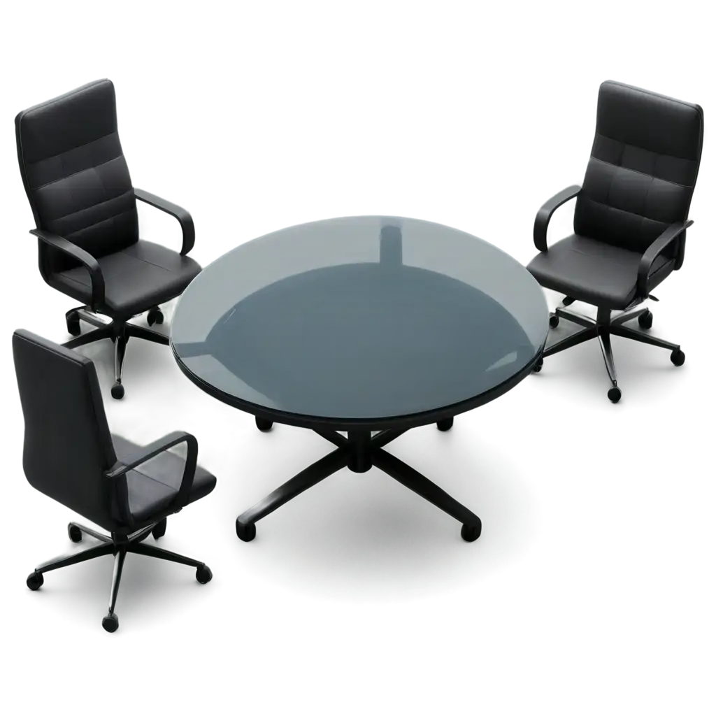 HighQuality-3D-Isometric-PNG-Image-of-3-Black-Office-Chairs-and-Transparent-Glass-Top-Round-Table-Perfect-for-Web-Design-and-Marketing