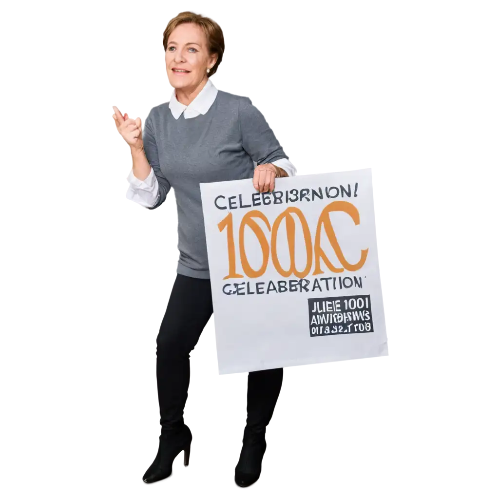 Actress Julie Andrews holding in hand a 100k celebration banner