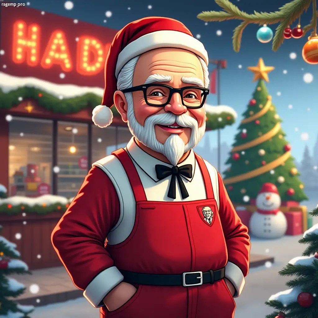 Create a cartoon character named David Sanders, similar to Harland, who runs a KFC in the world of GTA 5, surrounded by Christmas decorations and a 2025 holiday atmosphere. The image should contain Christmas decorations, as well as the website address 'ragemp.pro'. The background should be winter, with a Christmas tree, garlands and snowflakes. Use bright and festive colors such as red, green and gold. Add funny cartoon characters like snowmen or reindeer to create a fun holiday atmosphere.