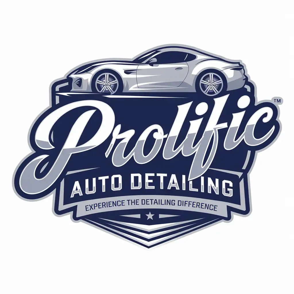 LOGO Design for Prolific Auto Detailing Sleek Grey Car Silhouette with Blue Cursive and SansSerif Text