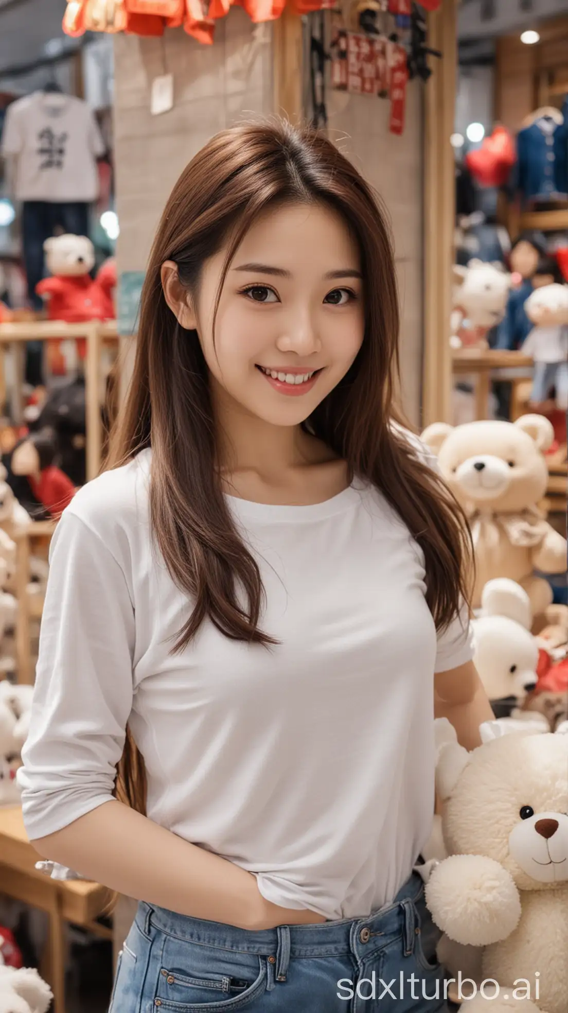 Beautiful-Chinese-Woman-with-Charming-Smile-at-Plush-Toy-Booth-in-Winter-Outfit