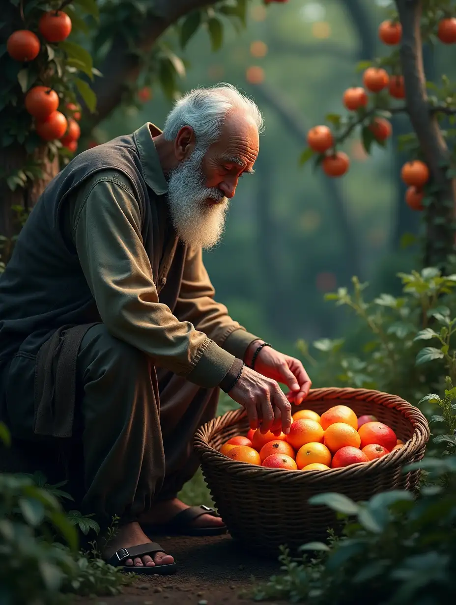 An old man (Babali) carefully picking glowing, rainbow-colored fruits from ancient trees in a magical garden. He places the fruits in a rustic basket. Cinematic lighting, Ultra photoreal, Ultra detailed