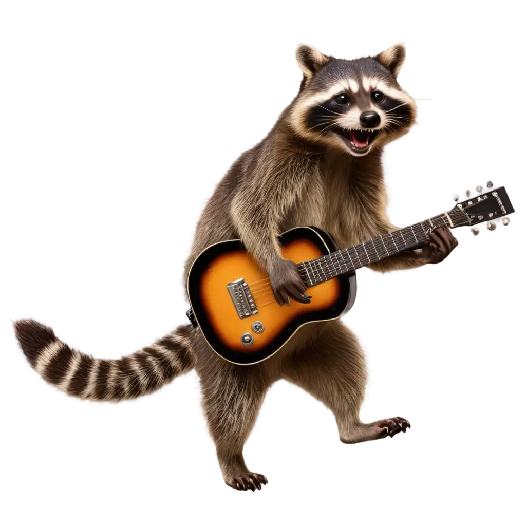 racoon jumping in the air with a guitar