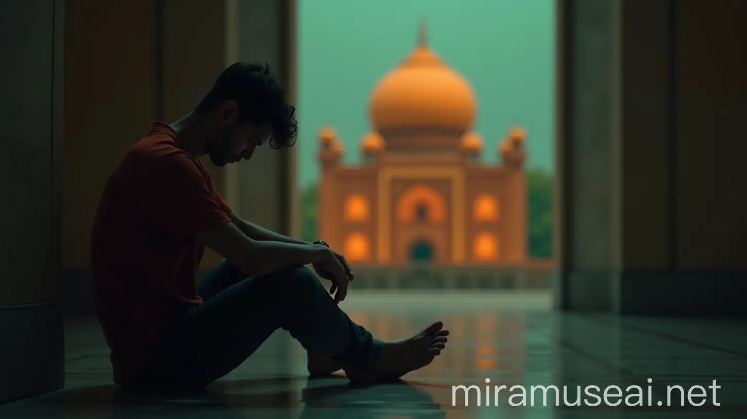 Hyper Realistic AI Image of Indian Young Man in Contemplation with Orange Temple and Green Mosque in Background