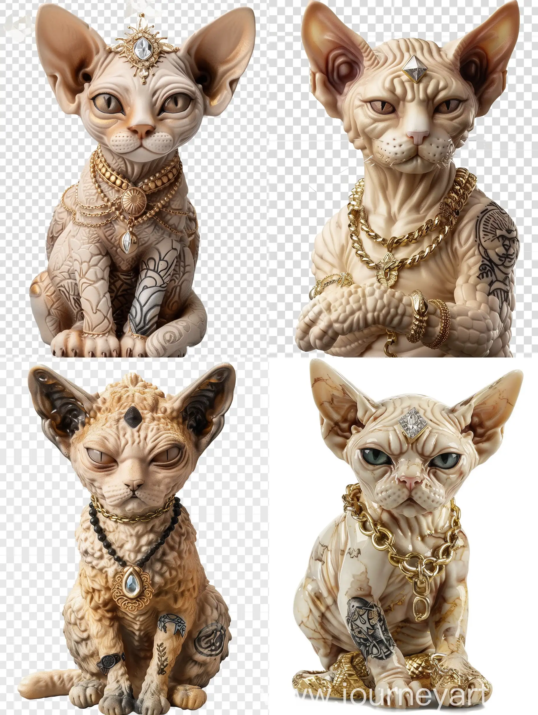 Devon-Rex-Cat-Statue-with-Golden-Chain-and-Tattoo-on-Transparent-Background