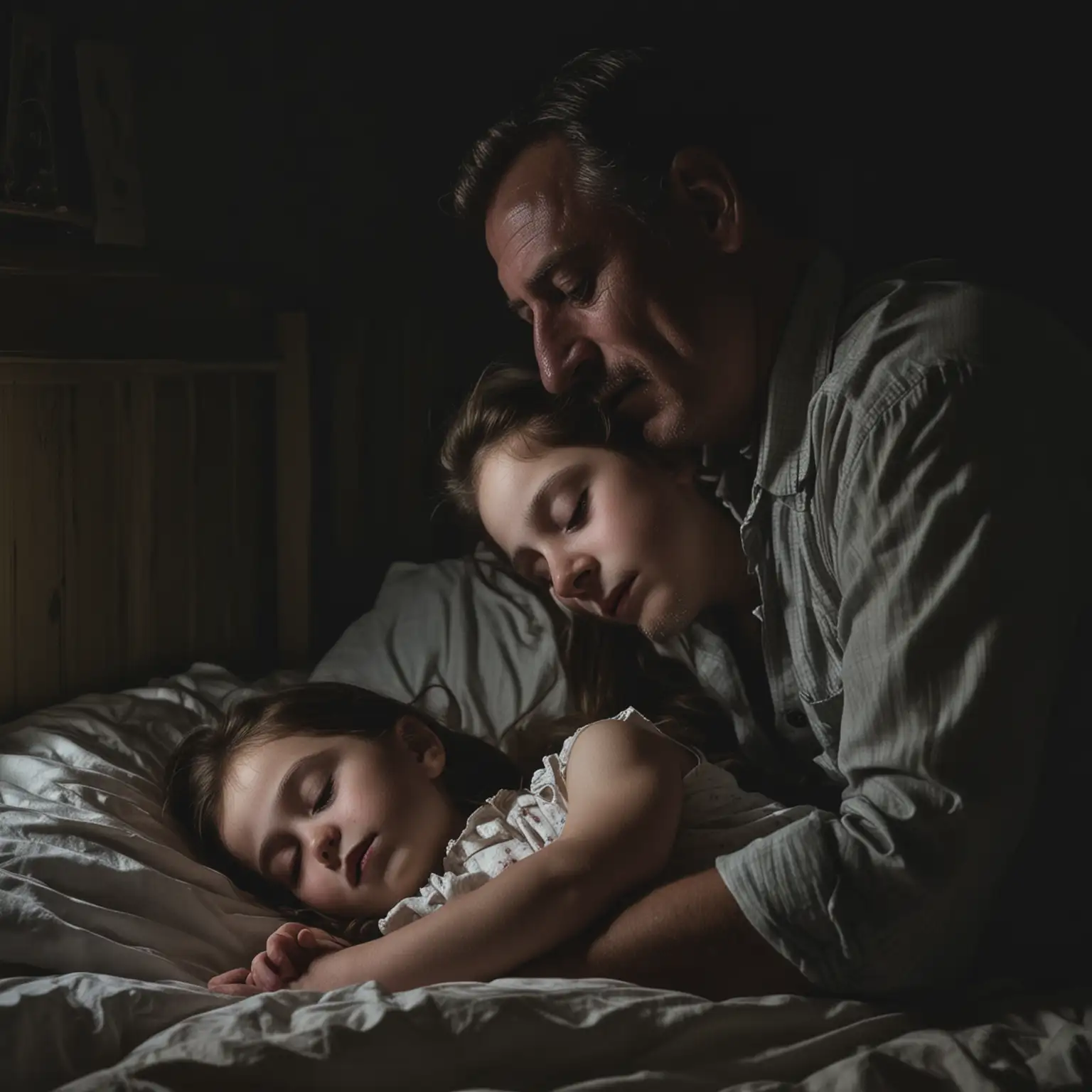 a father gently watching over his sleeping daughter in a dark room