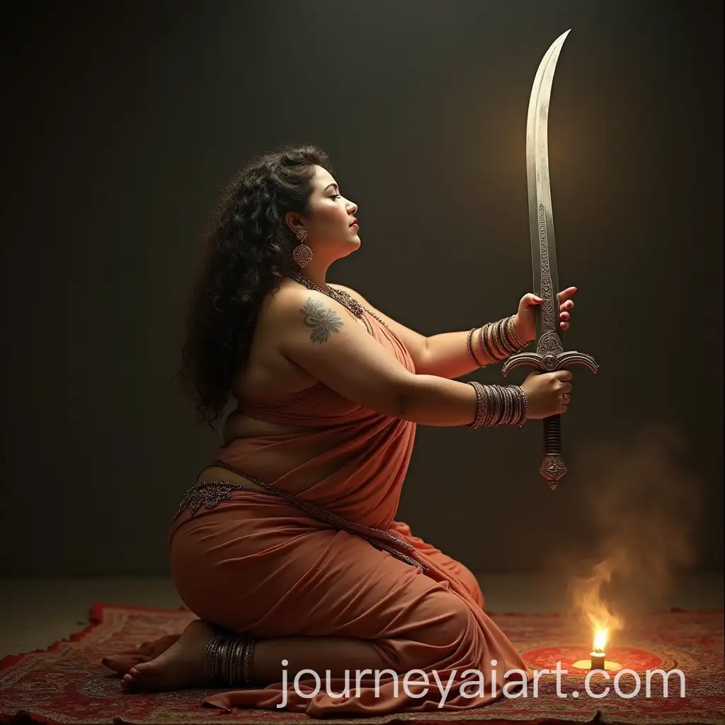Indian-Queen-Preparing-to-Strike-with-Curved-Sword-in-Traditional-Saree