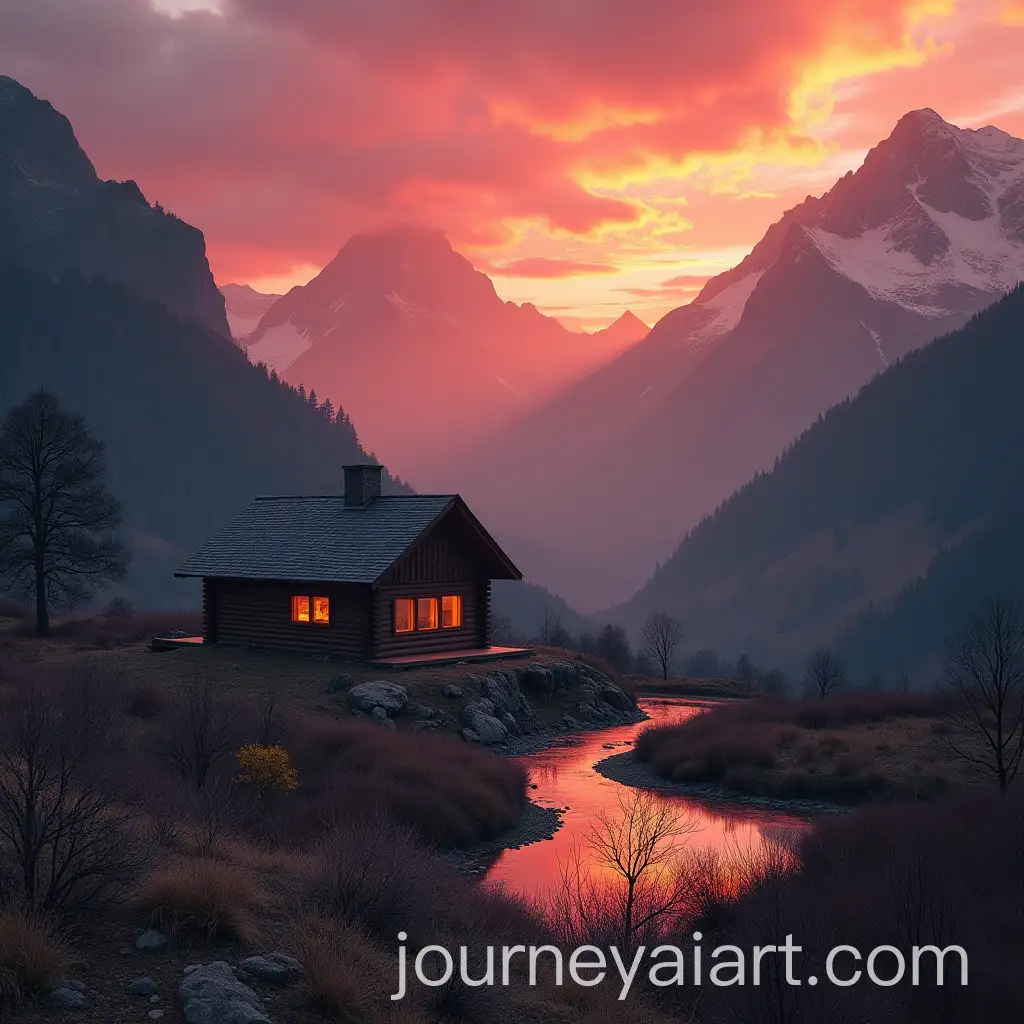 Aesthetic-Wooden-Cabin-Surrounded-by-Reddish-Demonic-Mountains