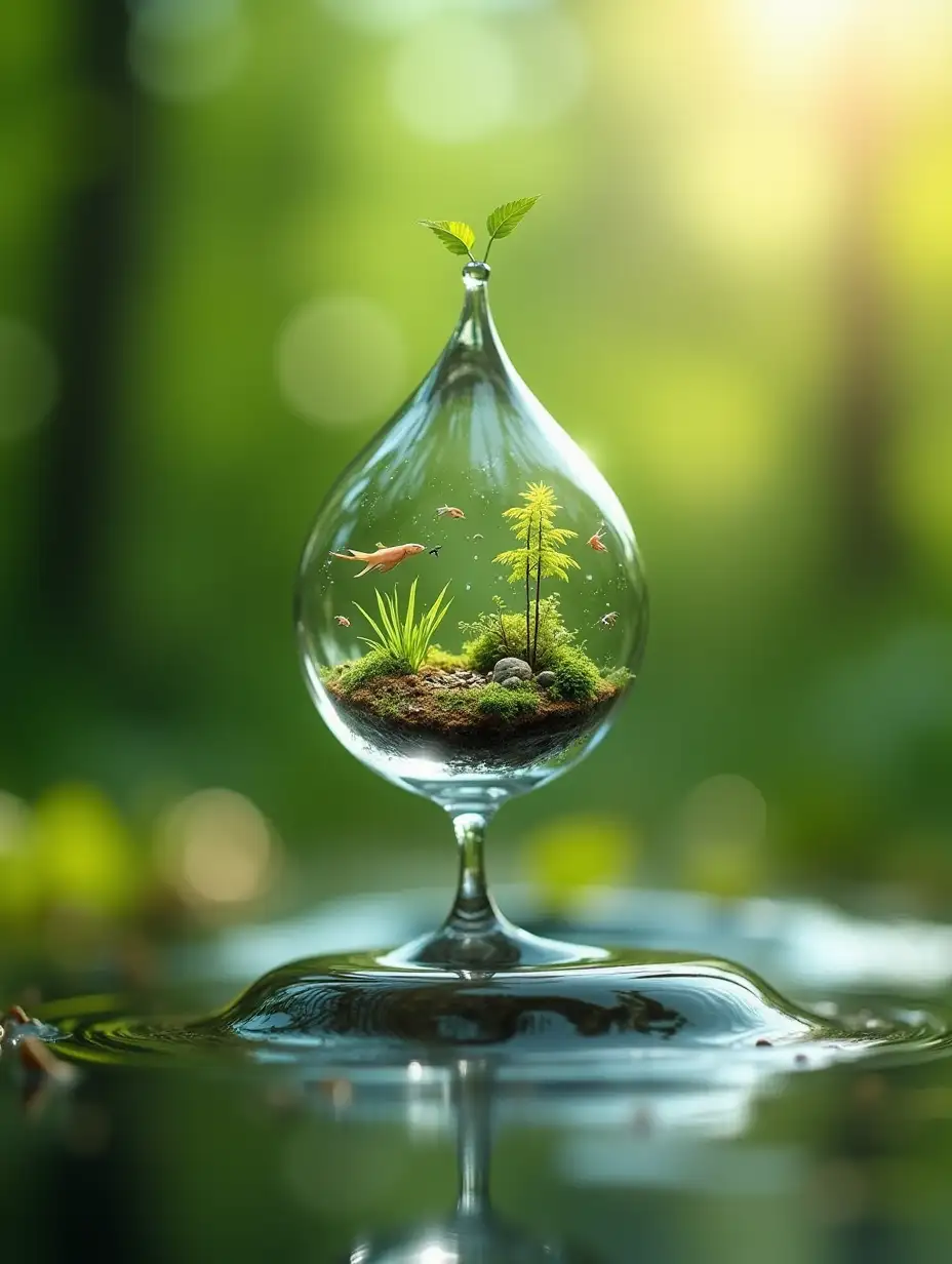 On a warm sunny day An intricate scene where a single drop of orb, magnified, contains an entire miniature ecosystem. Inside the orb drop, tiny plants, fish, and other life forms thrive, showcasing how even the smallest amount of water can sustain life. The orb drop floats in the air, with a lush, green forest blurred in the background, representing the connection between water and the health of the planet.