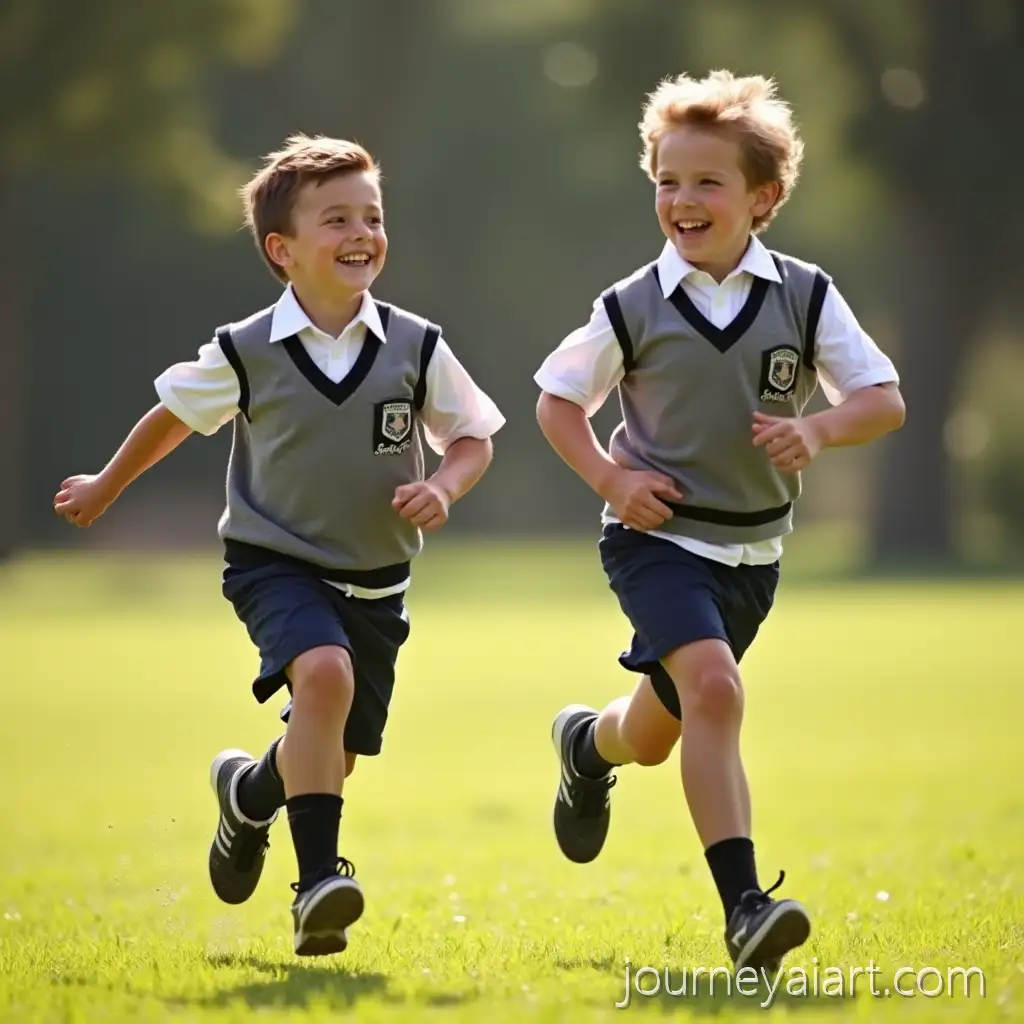 Two-Young-Boys-in-School-Uniforms-Racing-on-a-Grassy-Field-under-Bright-Sunlight
