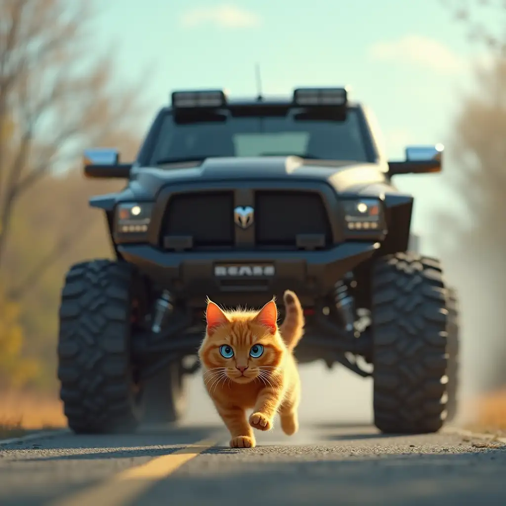 A huge black RAM TRX car is chasing a shaggy ginger cat, who is running away in fear along the road, one of the cat's eyes is blue and the other is yellow, computer graphics