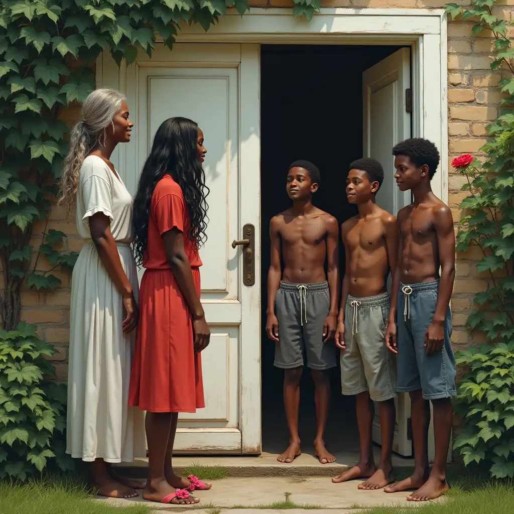 Black-Elder-Woman-and-Teen-Girl-Conversing-at-Door-with-Garden-Full-of-Shirtless-Teen-Boys