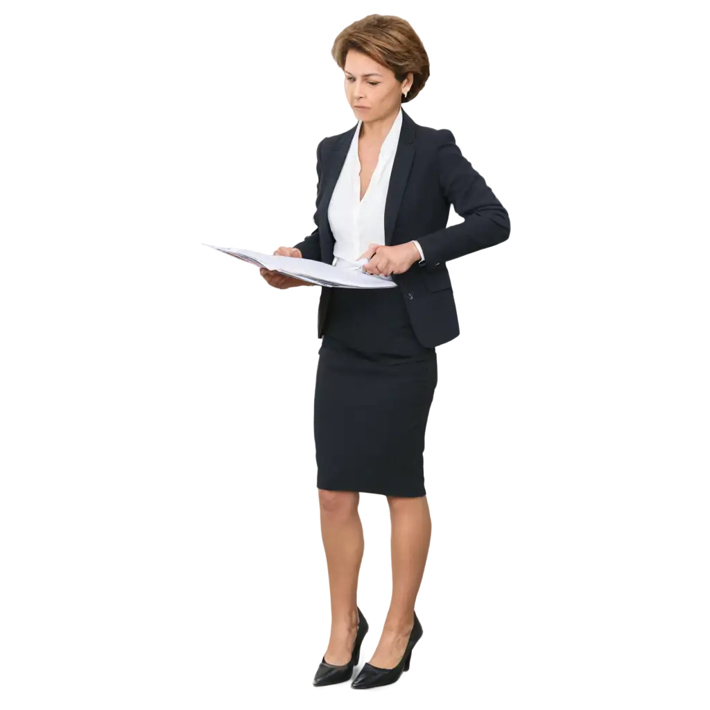 Middle-aged woman with a skirt and suit. Short hair gathered up. She is looking at a folder she's holding in her hands.