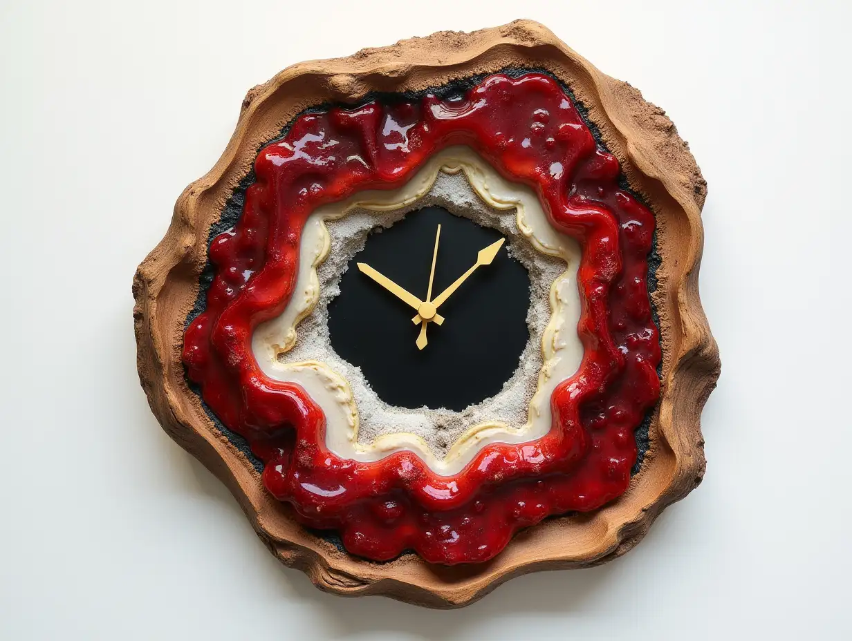 Mixed resin with wood, wall clock with red, white gold black