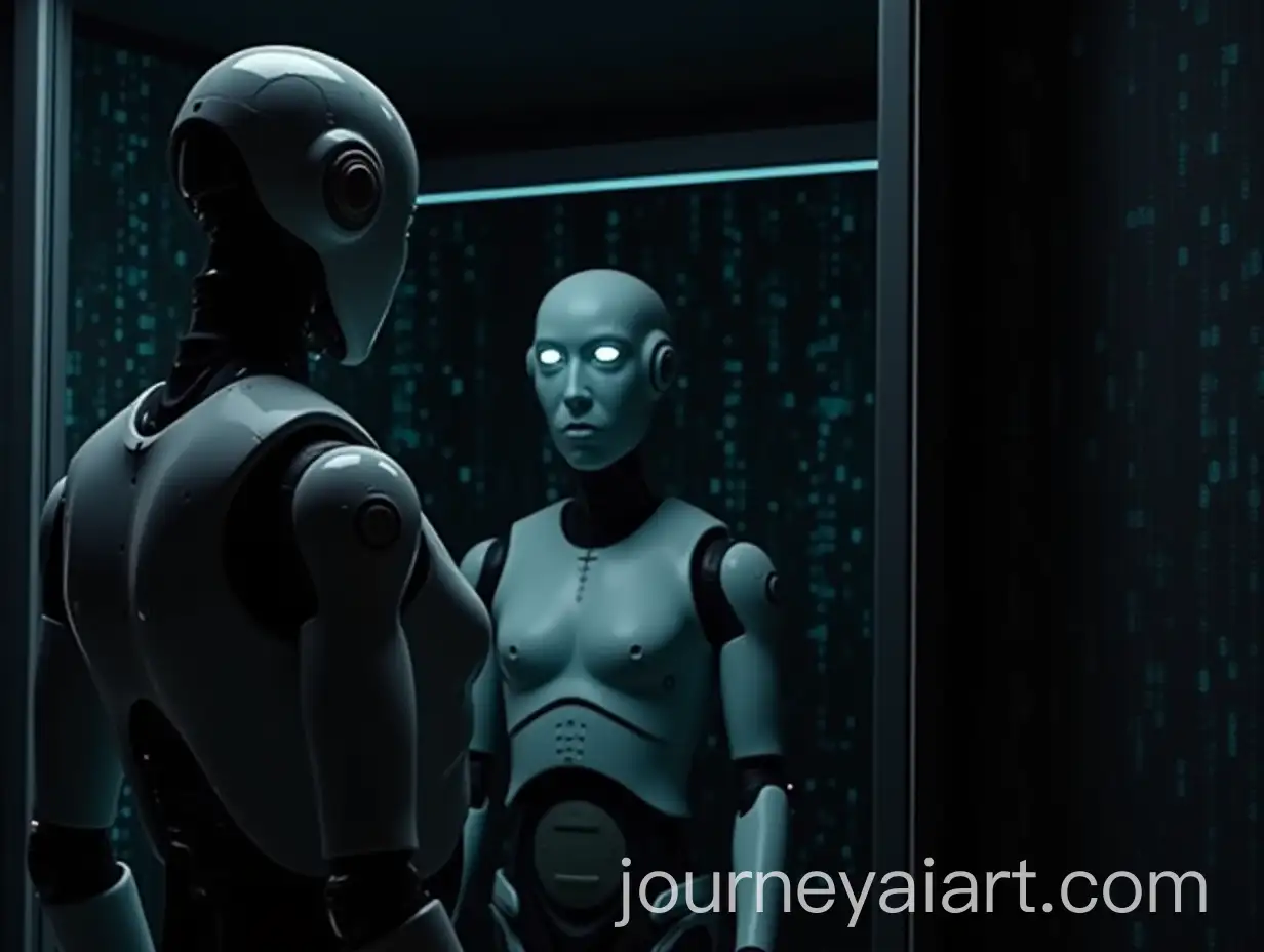 Robot-in-Front-of-a-Black-Mirror-with-Binary-Code-Background