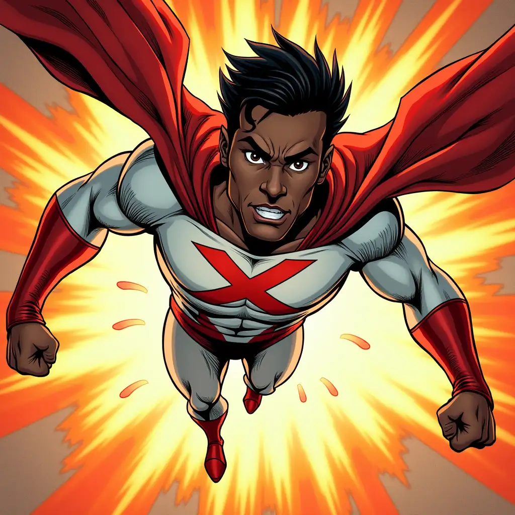 black male super hero, white and red uniform with a X logo on chest, flying out a explosion , retro comic book style