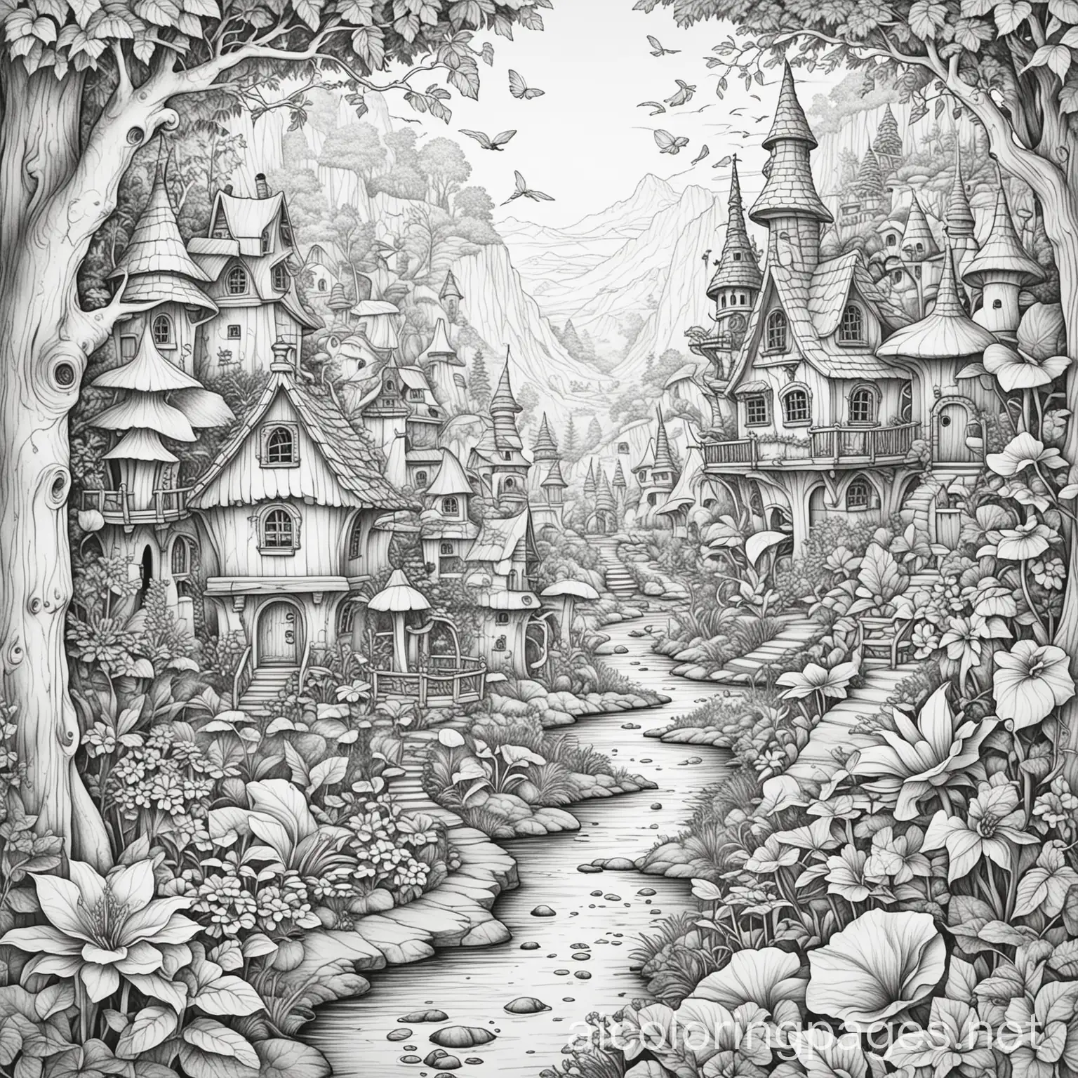 Fairies and Gnomes in a whimsical land realistic but not too detailed, Coloring Page, black and white, line art, white background, Simplicity, Ample White Space. The background of the coloring page is plain white to make it easy for young children to color within the lines. The outlines of all the subjects are easy to distinguish, making it simple for kids to color without too much difficulty, Coloring Page, black and white, line art, white background, Simplicity, Ample White Space. The background of the coloring page is plain white to make it easy for young children to color within the lines. The outlines of all the subjects are easy to distinguish, making it simple for kids to color without too much difficulty