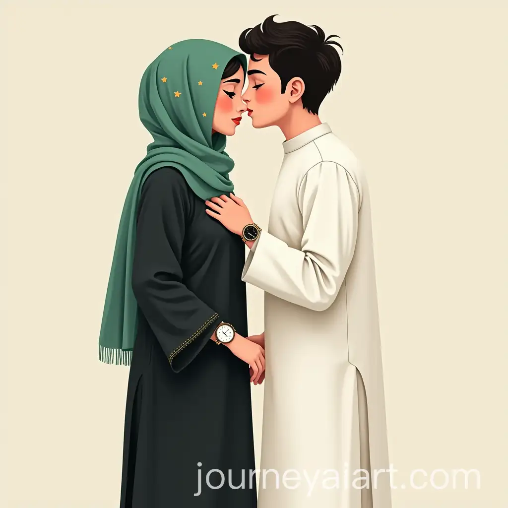 Tender-Moment-Girl-in-Black-Abaya-and-Boy-in-White-Shalwar-Kameez-Sharing-a-Kiss