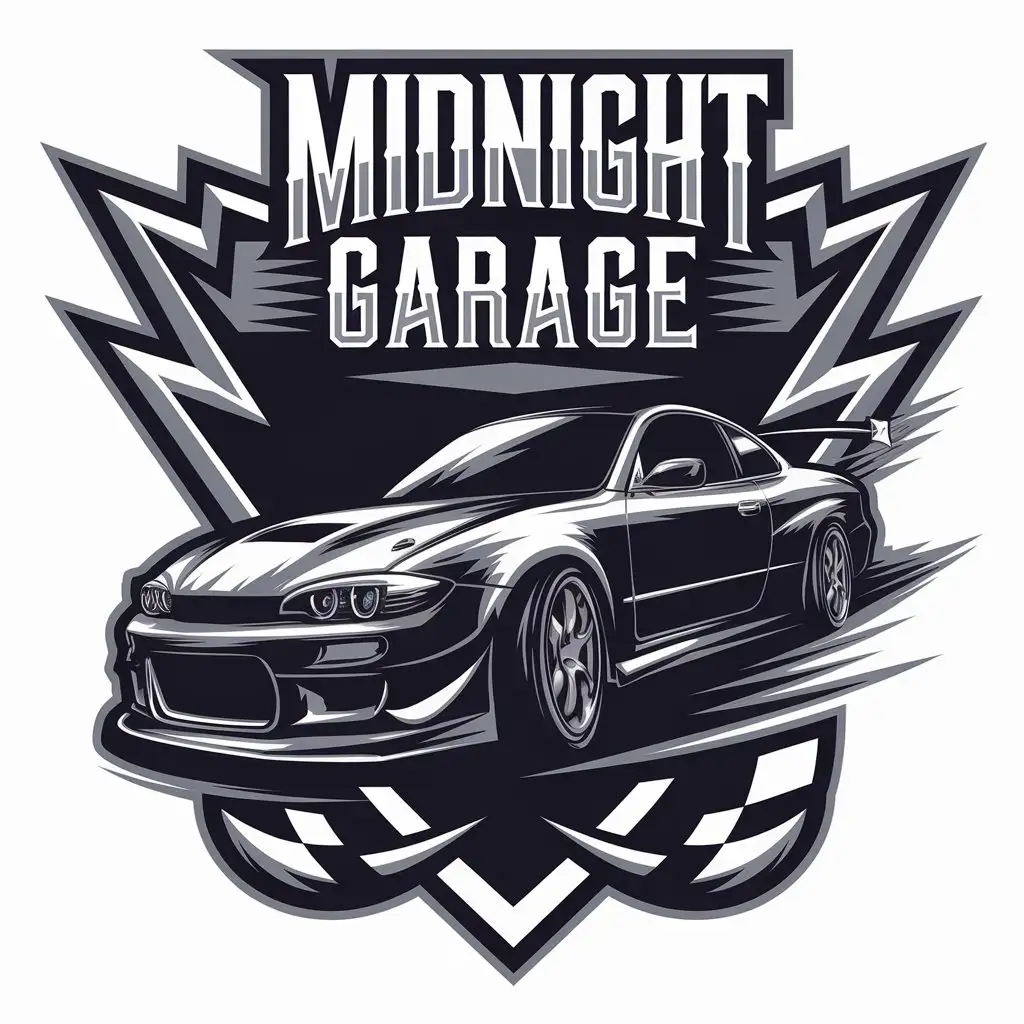 LOGO Design for Midnight Garage Vector Logo Featuring Drifting Car in Automotive Industry Theme